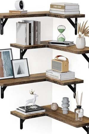 Amada HOMEFURNISHING Corner Floating Shelves, Set of 4 Corner Wall Shelves, Shelves for Wall Decor, Corner Wood Shelves for Home Decor, Office, Bedroom, Bathroom, Laundry Room, Kitchen, Brown