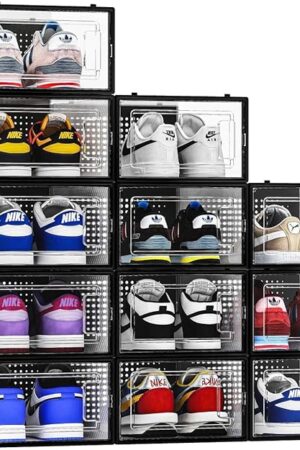 12 Pack Shoe Storage Bins, Clear Plastic Stackable Shoe Organizer for Closet, Space Saving Foldable Shoe Rack, Shoe Box Sneaker Holder Container, Black Frame