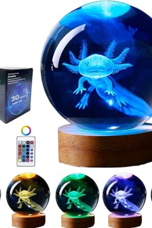 axolotl lamp,3.15 inch 3D K9 Crystal Ball Axolotl Night Light with Wooden Base,16 colors change,remote control,color box,Birthday Christmas axolotl Gift