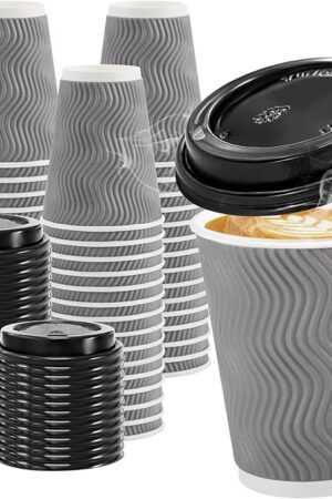 100 Pack 12 oz Disposable Coffee Cups with Lids, Insulated Ripple Wall To-Go Paper Coffee Cups Suitable for Chocolate Cocoa and Hot/Cold Drinks (Grey)
