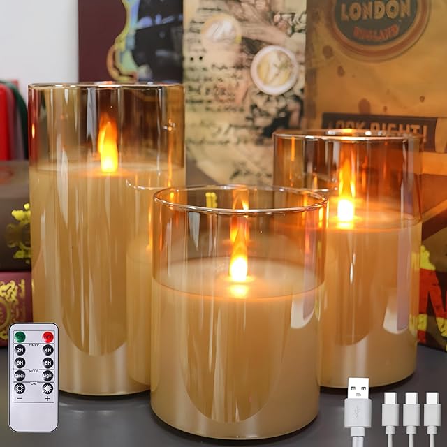 200 Hours Rechargeable Flickering Flameless Candles, Rechargeable Battery LED Glass Pillar Candle with Remote and Timer, Real Wax Warm Color for Halloween Christmas Festival Wedding Home Party Decor