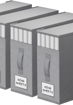 4 Pack Bed Sheet Closet Organizers and Storage,Sturdy Foldable Storage Containers with Window and Label,Storage and Organization for Bedding Sheets,Duvet Covers,Blankets (Grey)