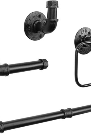 4-Pieces Industrial Pipe Bathroom Towel Ring Kit DIY Wall Mount Accessories Kit Includes Robe Hook Towel Bar and Towel Ring (18 inch)
