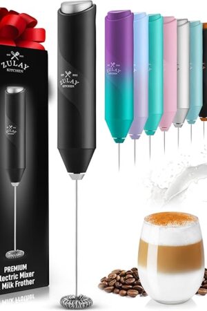 Zulay Kitchen Powerful Milk Frother Wand - Handheld Stainless Steel - Battery Operated Drink Mixer for Coffee, Lattes, Cappuccino, Matcha - Froth Mate Frother Gift - Black