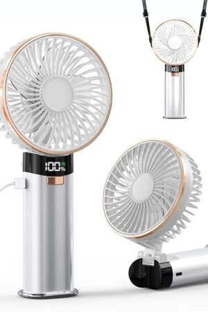 BEYYON Portable Handheld Fan, 5200mAh Metal Handle, Max20Hrs, 180° Adjustable, 6 Speeds, Electric Personal Fan Rechargeable with Power Bank for Outdoor, Makeup, Camping, Office