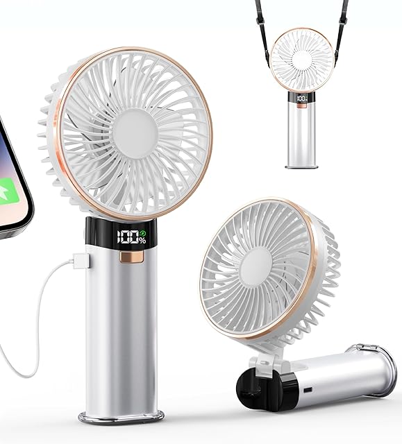 BEYYON Portable Handheld Fan, 5200mAh Metal Handle, Max20Hrs, 180° Adjustable, 6 Speeds, Electric Personal Fan Rechargeable with Power Bank for Outdoor, Makeup, Camping, Office
