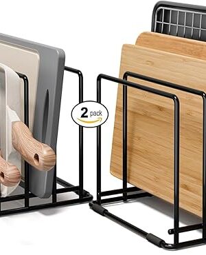 2-Pack Baking Sheet Organizer Rack – 5-Slot Bakeware & Cookie Tray Holder for Kitchen Cabinet or Countertop, Compact Stainless Steel Cutting Board Rack with Rust-Resistant Frame & Anti-Slip Feet