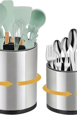2Pack Kitchen Utensil Holder Set - 360° Rotating Stainless Steel Large Cooking Utensil Stand for Counter, 3 Compartment Flatware Caddy with Removable Base for Knife, Fork & Spoon Organizer - Sliver