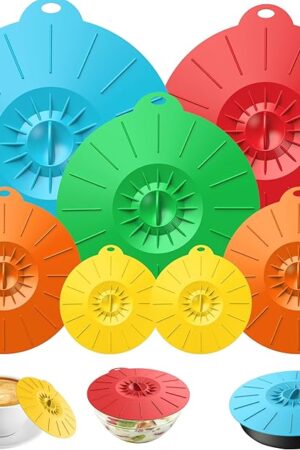 7 Pack Silicone Lids, Microwave Splatter Cover, 5 Sizes Reusable Heat Resistant Food Suction Lids fits Cups, Bowls, Plates, Pots, Pans, Skillets, Stove Top, Oven, Fridge BPA Free