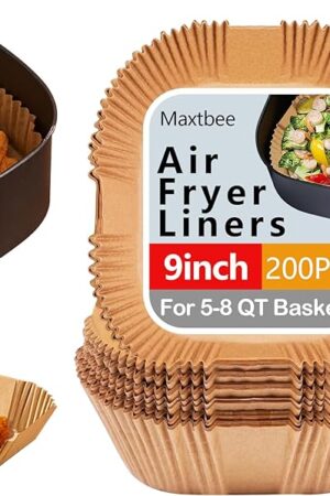 9 Inch Air Fryer Paper Liner Disposable, 200PCS Non-Stick, Oil-Proof & High-Temperature Resistant Square Baking Parchment Paper for Air Fryer, Microwave and Oven๏ผBottom Is 8 Inch๏ผ