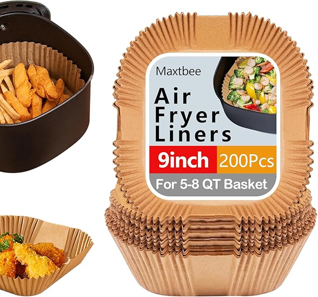 9 Inch Air Fryer Paper Liner Disposable, 200PCS Non-Stick, Oil-Proof & High-Temperature Resistant Square Baking Parchment Paper for Air Fryer, Microwave and Oven(Bottom Is 8 Inch)