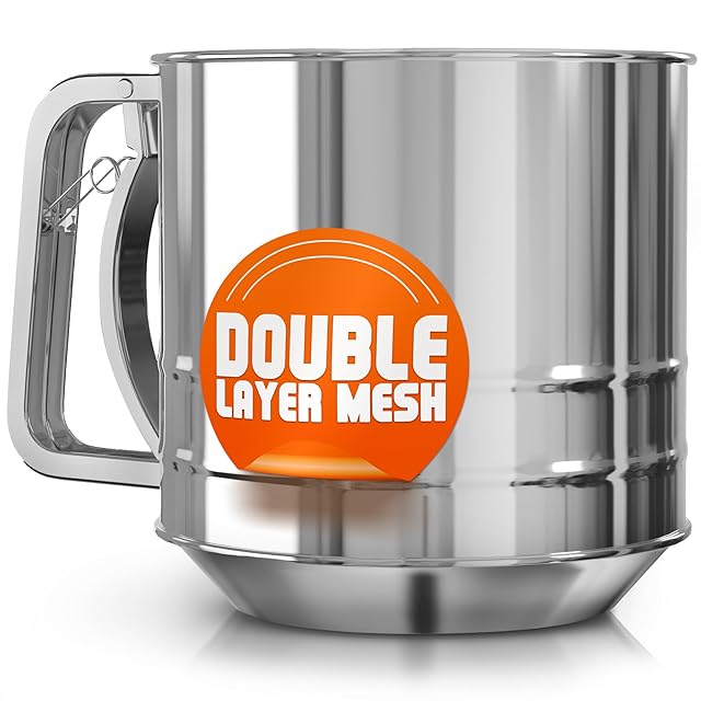 5 Cup Flour Sifter for Baking – Flour Sifter Stainless Steel (5.1" x 5.1") with Double Mesh – One-Hand Operation, Designed for Quick & Easy Sifting