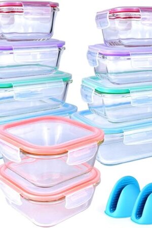20 Pc Glass Food Storage Containers with Snap Lock Lids, Airtight & Leakproof, Bonus 2 Oven Silicone Gloves, Safe for Dishwasher, Oven, Microwave,Freezer, BPA Free