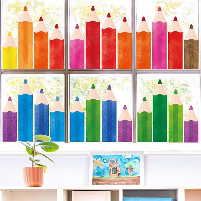 9 Sheets Pencils Window Clings, Classroom Decorations for First Day of School, Back to School Window Decals for Glass Windows Classroom Home Bulletin Board Blackboard (Pencils)