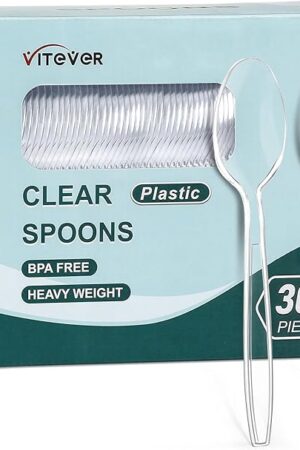 [300 Count] Clear Heavy Duty Plastic Spoons, Disposable Silverware Spoons Bulk, Plastic Cutlery Utensils Set, Solid