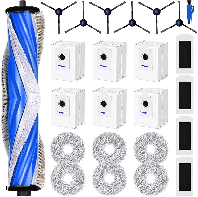 24 PCS Accessories Compatible with ECOVACS DEEBOT T30S Robot Vacuum Cleaner, Replacement Parts Kit with 1 Main Brush, 6 Dust Bags, 6 Mop Pads, 4 Hepa Filters, 6 Side Brushes, 1 Cleaning Brush