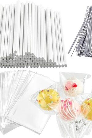 360 PCS Cake Pop Sticks and Wrappers Ties Kit, Including 120ct 6-inch Paper Lollipop Sticks, 120ct Cake Pop Parcel Bags, 100ct Silver Twist Ties for Candy Making Packaging Supplies