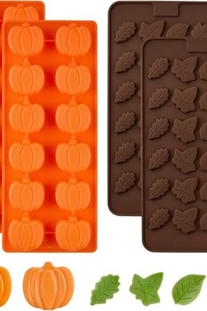 4 Pack Fall Candy Molds, 3D Pumpkin Maple Leaf Shape Silicone Chocolate Mold for Halloween Thanksgiving Autumn Harvest Muffin Cupcake Cake Topper Decoration Soap