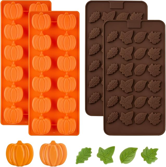 4 Pack Fall Candy Molds, 3D Pumpkin Maple Leaf Shape Silicone Chocolate Mold for Halloween Thanksgiving Autumn Harvest Muffin Cupcake Cake Topper Decoration Soap