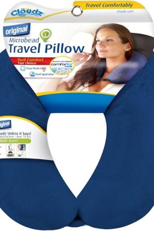 Cloudz Dual Comfort Microbead Airplane Travel Neck Pillow. Super Soft Cozy Plush Fabric on One Side, Cool Relaxing Spandex on The Other! Customize Your Comfort and Support at Home or On The Go!- Blue