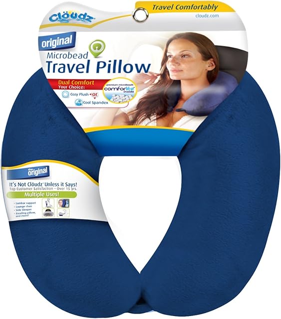 Cloudz Dual Comfort Microbead Airplane Travel Neck Pillow. Super Soft Cozy Plush Fabric on One Side, Cool Relaxing Spandex on The Other! Customize Your Comfort and Support at Home or On The Go!- Blue