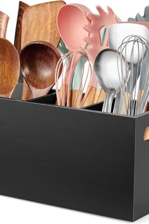 ALELION Black Kitchen Utensil Holder for Countertop - Wooden Large Utensil Caddy Organizer for Counter - 3 Compartment Cooking Utensil Crock for Silverware Spoon Spatula