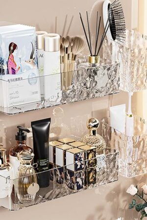 4 Pack Wall Mounted Bathroom Caddy Organizer, Adhesive Shower Shelf for Inside Shower Caddy Plastic Bathroom Organizers and Storage with Bins for Makeup, Bath, Home Decor (Clear-4 Pack)