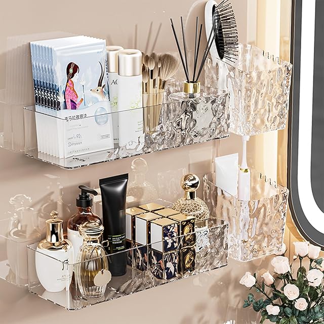 4 Pack Wall Mounted Bathroom Caddy Organizer, Adhesive Shower Shelf for Inside Shower Caddy Plastic Bathroom Organizers and Storage with Bins for Makeup, Bath, Home Decor (Clear-4 Pack)