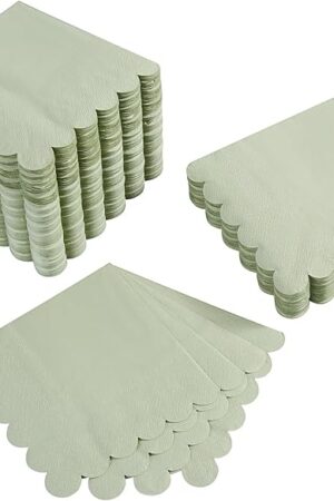 100 Pack Cocktail Napkin 2-Ply Scalloped Edged Dessert Napkins Folded 5 x 5 Inches Disposable Napkins for Dinner Wedding Birthday Party Bridal Anniversary Reception Event (Sage Green)
