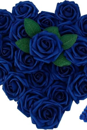 [25PCS] Navy Blue Roses Artificial Flowers with Long Stem Real Touch Fake Foam Roses for Decoration DIY Wedding Bouquets Centerpieces Bridal Shower Flower Arrangements Home Decor