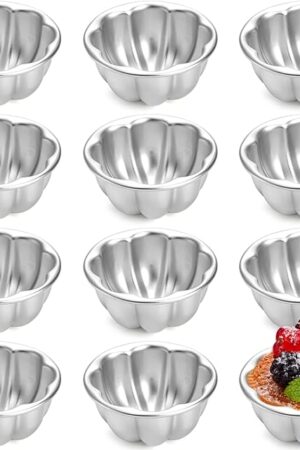 12 Pack Egg Tart Molds, Aluminum Alloy Pudding Jelly Molds, Reusable Cake Tartlets, Cupcake and Muffin Cups for Baking, Flower Shape, Non-sticky