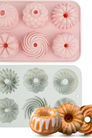 2Pcs Mini Bundt Cake Pans for Baking, 6-Cavity Fluted Tube Bundt Cake Pan Non-Stick, Silicone Molds for Baking, Bundt Cake Pan for Cupcakes, Donuts, Cornbread, Brownies, Jellies