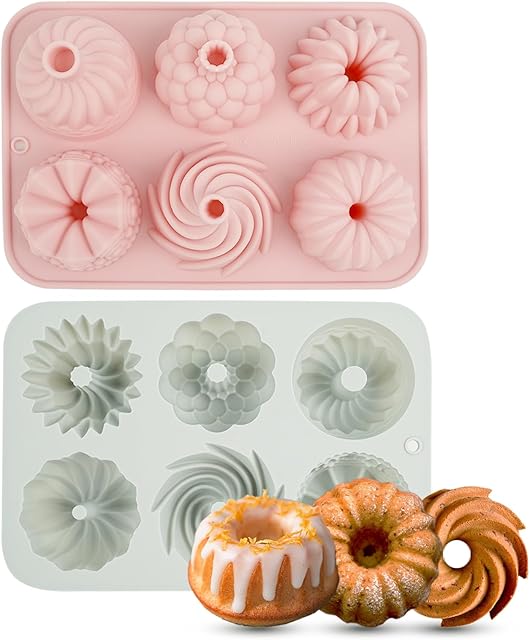 2Pcs Mini Bundt Cake Pans for Baking, 6-Cavity Fluted Tube Bundt Cake Pan Non-Stick, Silicone Molds for Baking, Bundt Cake Pan for Cupcakes, Donuts, Cornbread, Brownies, Jellies