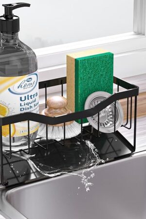 Vanwood Sponge Holder for Kitchen Sink with Auto Draining Tray, Sink Caddy Kitchen Sink Cocina Organizer, Self Drain Dish Soap Sponge Caddy for Counter