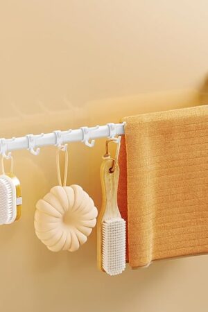 Avolare Suction Cup Towel Bar, Adjustable 24 Inches Adhesive Towel Holder for Bathroom, No Drill Wall Mounted Towel Rack with 5 Sliding Hooks, White Towel Shelf for Kitchen, Toilet, Shower, Door