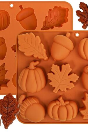 Webake Pumpkin Silicone Mold Harvest Cake Pan, 3D Maple Leaf Acorn Fall Molds for Halloween Thanksgiving Treats, 2Pcs
