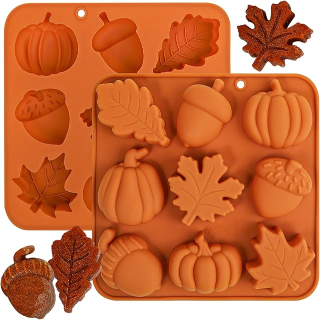 Webake Pumpkin Silicone Mold Harvest Cake Pan, 3D Maple Leaf Acorn Fall Molds for Halloween Thanksgiving Treats, 2Pcs
