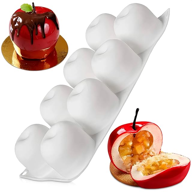 8 Cavity Apple Silicone Mold - 11.22 x 6.69 x 2.3 Inches Apple Mold for Baking, Good for Pastry, Jelly, Ice Cream, Soap, and Candles, Non-Stick and Easy to Clean, Oven and Microwave Safe