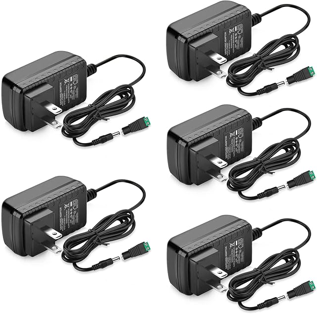 12V LED Strip Power Supply, 2A 24W Power Adapter, 12V Power Supply for LED Strip Lights Security Camera DVD Player, AC 100-240V to DC 12V Transformer, US Plug (5 Pack)