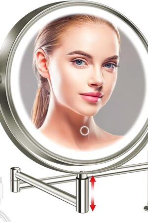 8" Wall Mounted Lighted Makeup Mirror, 3000mAh Rechargeable Double Sided 1X/10X Magnifying Mirror with Hook, 3 Color Lights Touch Dimmable 360ยฐ Rotation Vanity Mirror for Bathroom