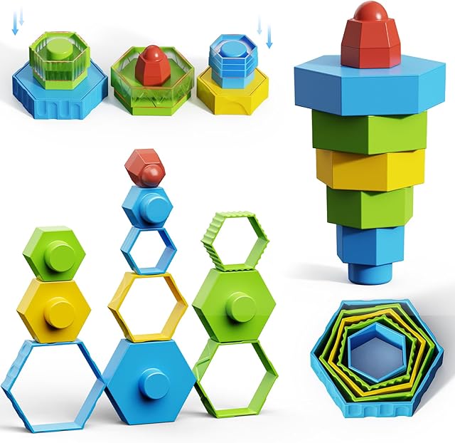 The Montessori Toys for 1 2 3 4 5 Year Old Boys Girls Toddlers Preschool Learning Activities 12Pcs Building Blocks Stacking Educational Toys STEM Sensory Toys Gifts for Kids Age 1-2