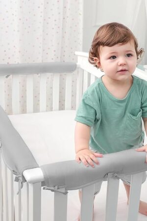 3pcs New Teething Edge Crib Rail Cover&Corner Guard Coverage Straps,Reversible Guardrail Cover Protector for Boys Girls(1 Long 2 Short Gray)