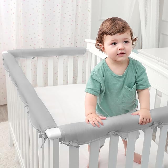 3pcs New Teething Edge Crib Rail Cover&Corner Guard Coverage Straps,Reversible Guardrail Cover Protector for Boys Girls(1 Long 2 Short Gray)