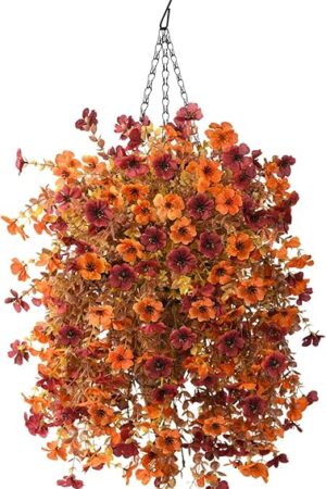 Artificial Faux Fall Hanging Flowers Plants Basket for Fall Outdoor Decoration,Fake Silk Orange Mums planters UV Resistant Look Real for Home Porch Patio Yard Outside Autumn Decor (Brown Orange)