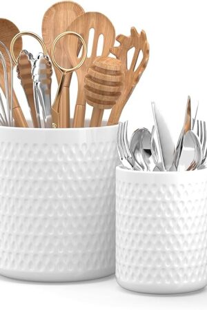 2 Pack Ceramic Utensil Caddy, Large Spatula Holder, Farmhouse Kitchen Decor for Silverware Spoon Crocks