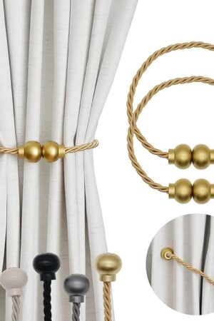 2 Pack Magnetic Curtain Tiebacks Modern Handmade Rope Curtain Tie Backs Decorative Drapes Weave Holdbacks for Home Outdoor Bedroom Office Decorative Curtain, Gold