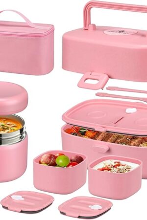 Bento Lunch Box with 8oz Soup Thermo, Kids Sustainable Bento Box Leakproof Lunch Food Containers with Lunch Bag, Kids Thermo Insulated Hot Food Jar for School, Trvael (Pink)