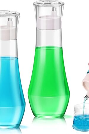 2PCS Mouthwash Dispenser for Bathroom - 9 Oz Clear Mouthwash Container with Stainless Steel Pour Spout, Glass Mouth Wash Dispensers with Cup Holder for Bathroom Farmhouse Decor