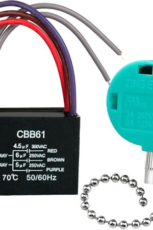 Ceiling Fan Capacitor CBB61 4.5uf + 6uf + 5uf 5wire 250V, Ceiling Fan Switch 3 Speed 4 Wire Pull Chain Switch for Fan, Wall Lamps, Light (Silver)