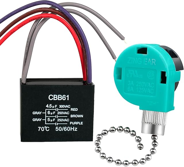 Ceiling Fan Capacitor CBB61 4.5uf + 6uf + 5uf 5wire 250V, Ceiling Fan Switch 3 Speed 4 Wire Pull Chain Switch for Fan, Wall Lamps, Light (Silver)